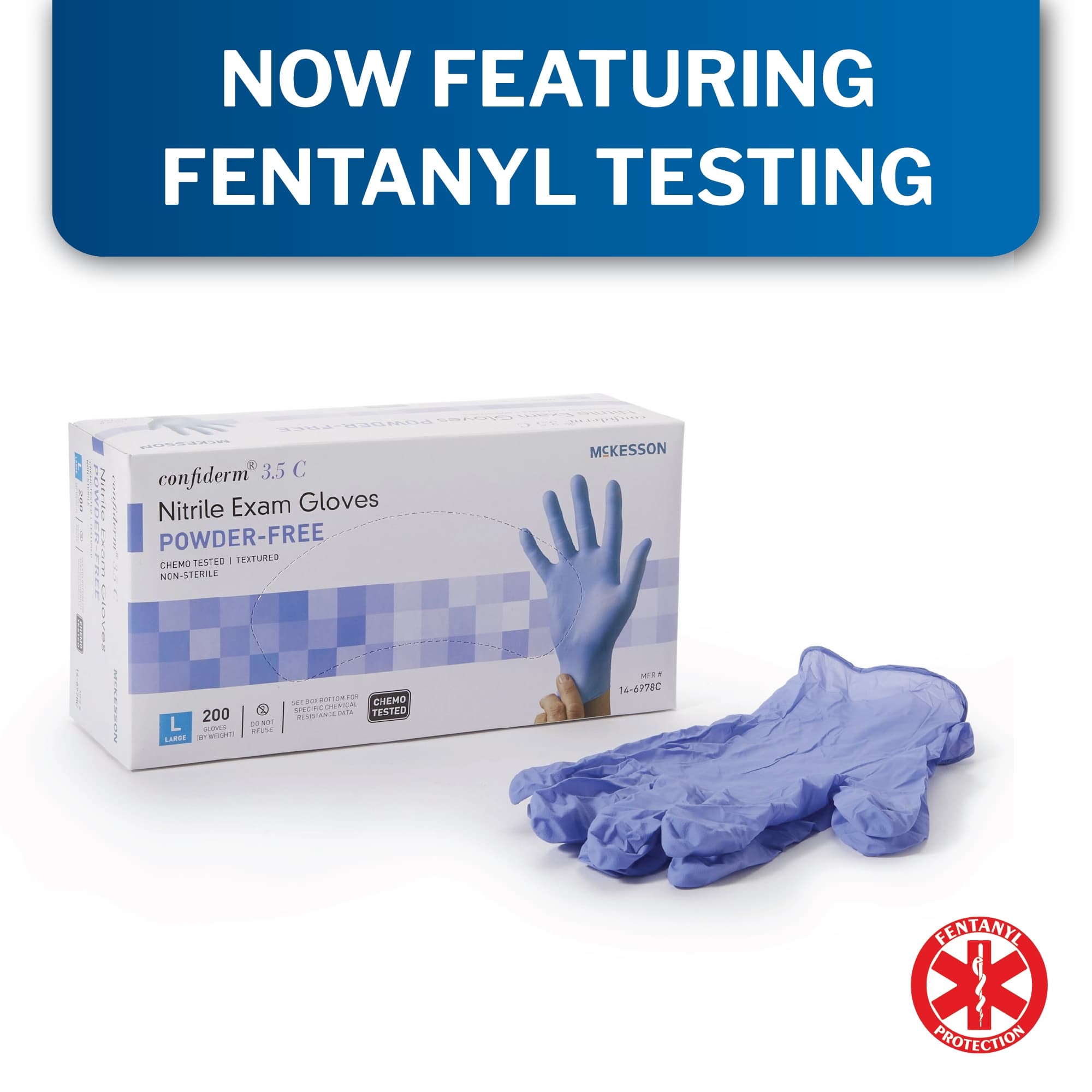Exam Glove McKesson Confiderm® 3.5C Large 200 per Box NonSterile Nitrile Standard Cuff Length Textured Fingertips Blue Chemo Tested
