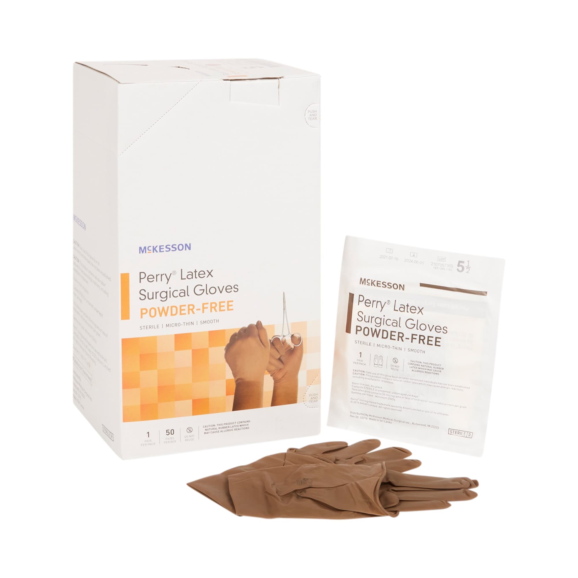 Surgical Glove McKesson Perry® Size 5.5 50 Pairs per Box Sterile Latex Standard Cuff Length Smooth Brown Not Chemo Approved